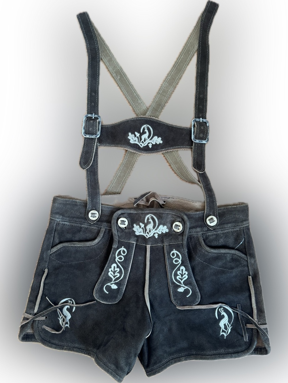 Oktoberfest - Brown Leather / Embroidered Lederhosen with Adjustable Suspenders.